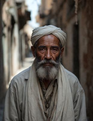 The primary subject of the image is an older man with a white beard and a white turban. He is wearing a white robe and is standing in a narrow alleyway. The setting is an old city, with a stone wall visible in the background. The visual style is a black and white photo, which adds a sense of timelessness and nostalgia to the scene. The colors and mood of the image are predominantly dark and moody, with the man's white attire standing out against the